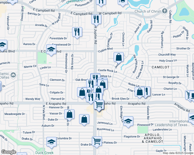 map of restaurants, bars, coffee shops, grocery stores, and more near 3442 Ivanhoe Lane in Garland