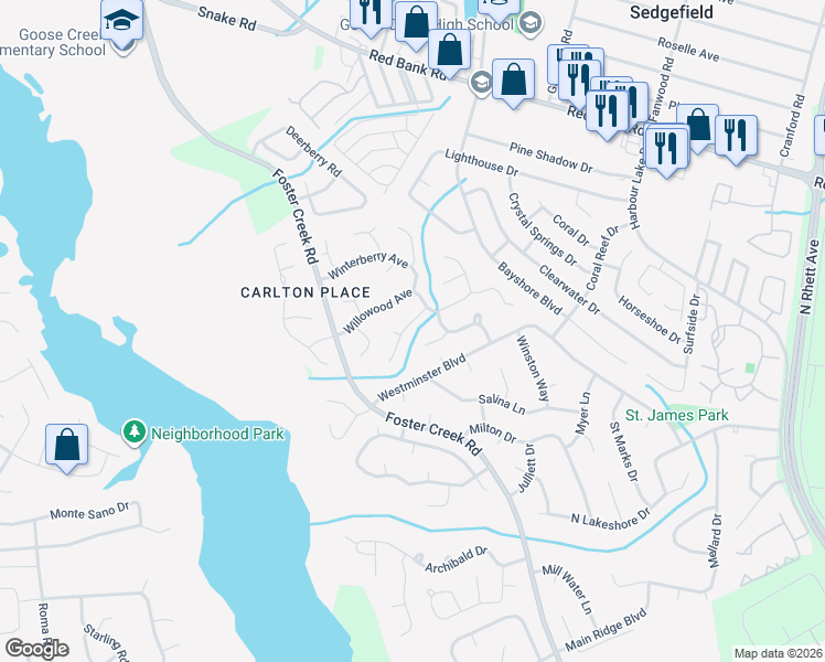 map of restaurants, bars, coffee shops, grocery stores, and more near 1608 Whisper Way in Goose Creek
