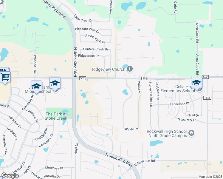 map of restaurants, bars, coffee shops, grocery stores, and more near 3 Park Central Drive in Rockwall