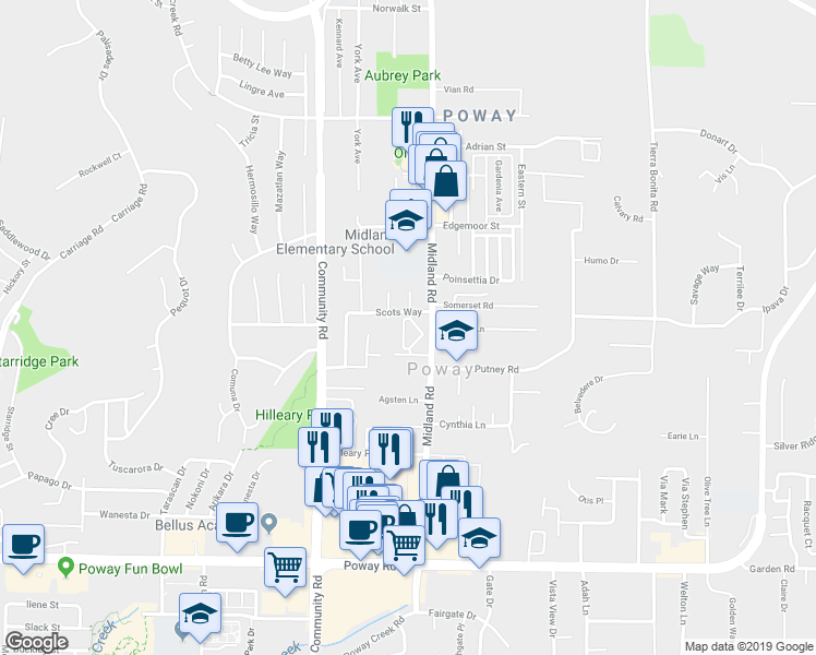 map of restaurants, bars, coffee shops, grocery stores, and more near 13815 Wayland Grove Court in Poway