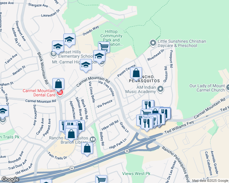 map of restaurants, bars, coffee shops, grocery stores, and more near 13687 Via Tres Vistas in San Diego