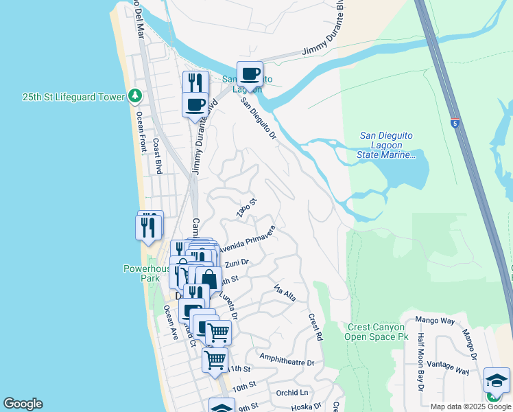 map of restaurants, bars, coffee shops, grocery stores, and more near 532 Serpentine Drive in Del Mar