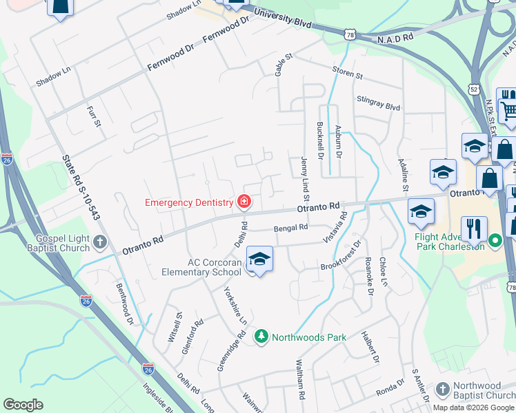 map of restaurants, bars, coffee shops, grocery stores, and more near 2592 Otranto Road in North Charleston
