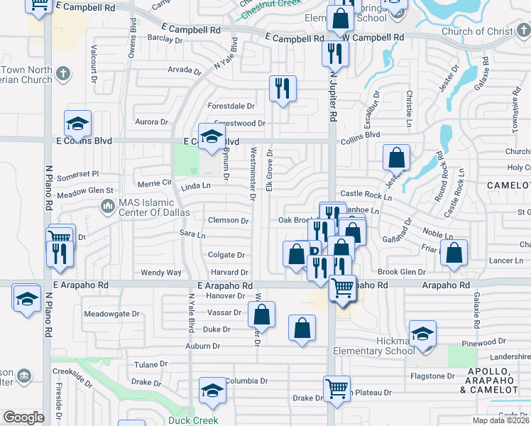 map of restaurants, bars, coffee shops, grocery stores, and more near 1310 Westminster Drive in Richardson
