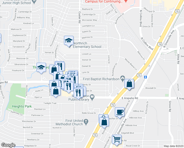 map of restaurants, bars, coffee shops, grocery stores, and more near 424 Jolee Street in Richardson