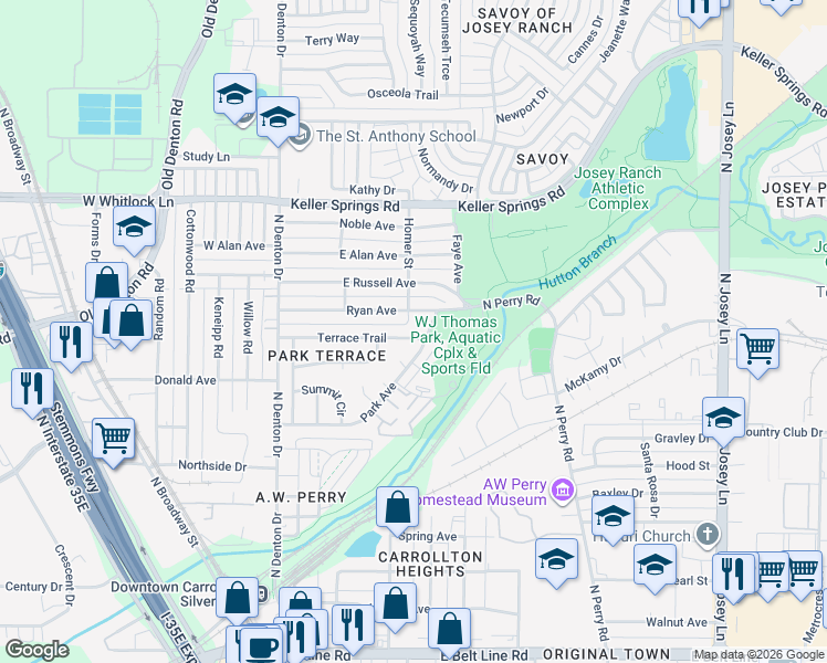 map of restaurants, bars, coffee shops, grocery stores, and more near 1115 Terrace Trail in Carrollton