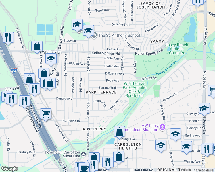 map of restaurants, bars, coffee shops, grocery stores, and more near 1025 Terrace Trail in Carrollton