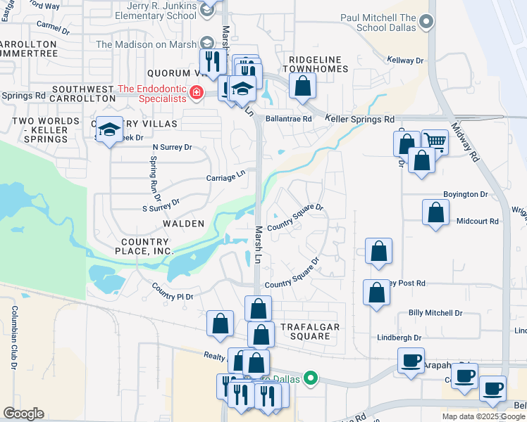 map of restaurants, bars, coffee shops, grocery stores, and more near 3560 Country Square Drive in Carrollton