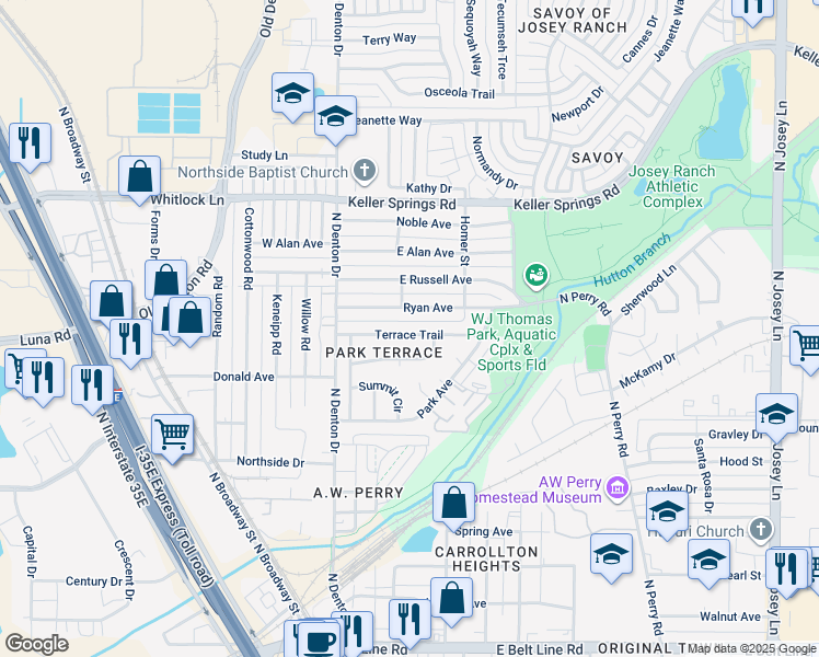 map of restaurants, bars, coffee shops, grocery stores, and more near 1025 Terrace Trail in Carrollton
