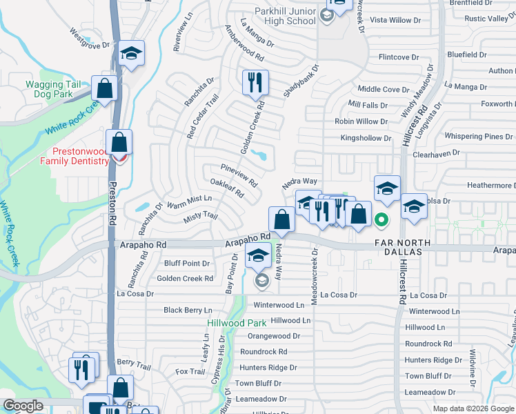 map of restaurants, bars, coffee shops, grocery stores, and more near 15713 Nedra Way in Dallas