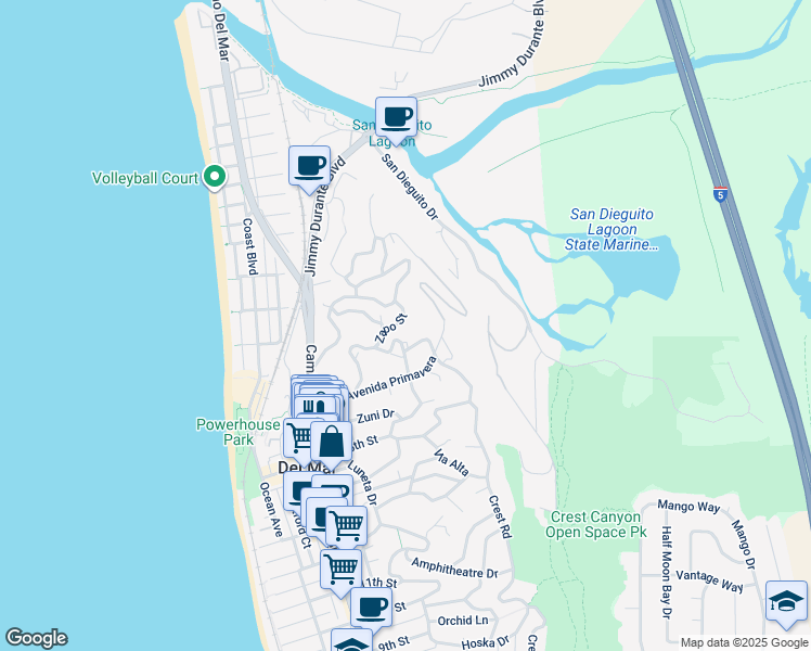 map of restaurants, bars, coffee shops, grocery stores, and more near 1859 Zapo Street in Del Mar