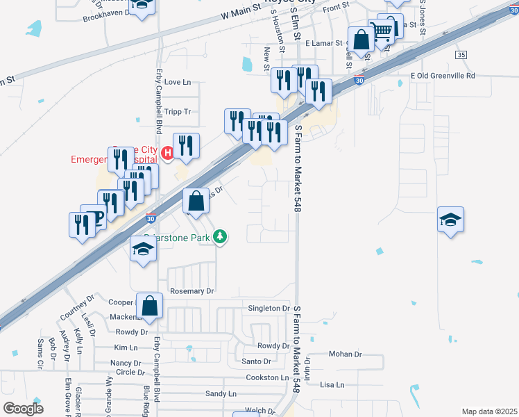map of restaurants, bars, coffee shops, grocery stores, and more near 300 Hidden Court in Royse City
