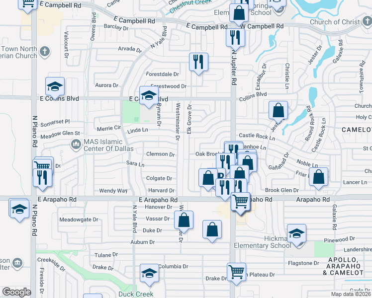 map of restaurants, bars, coffee shops, grocery stores, and more near 1310 Westminster Drive in Richardson