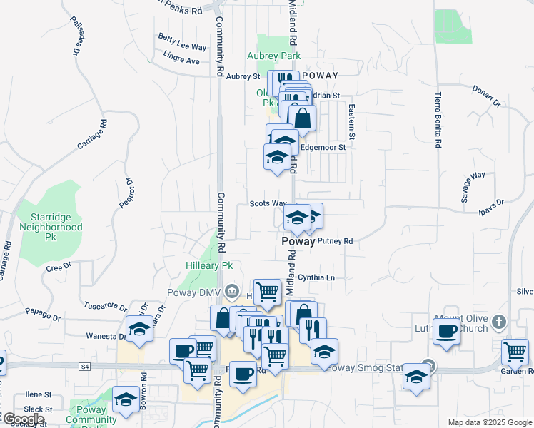 map of restaurants, bars, coffee shops, grocery stores, and more near 13815 Wayland Grove Court in Poway