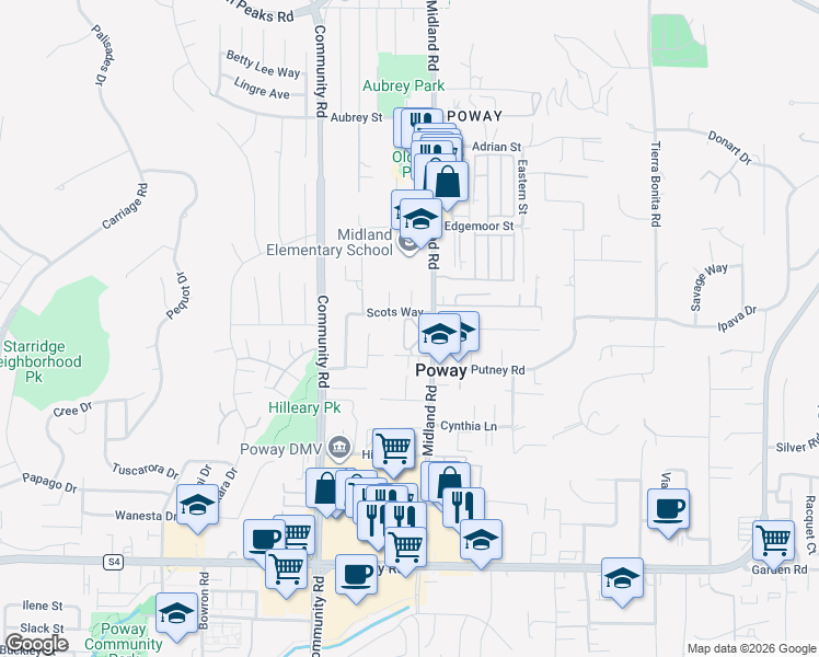 map of restaurants, bars, coffee shops, grocery stores, and more near 13812 Midland Road in Poway