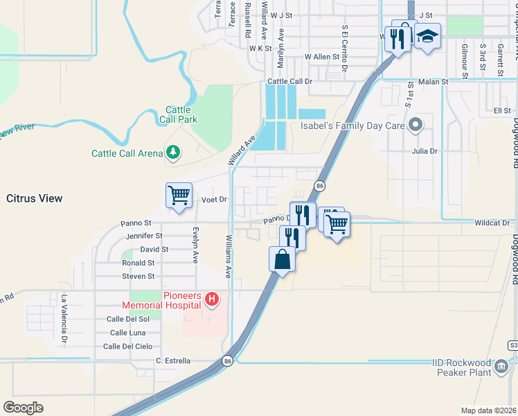 map of restaurants, bars, coffee shops, grocery stores, and more near Iris Lane in Brawley