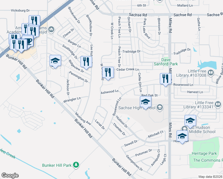 map of restaurants, bars, coffee shops, grocery stores, and more near 3315 Ashwood Lane in Sachse