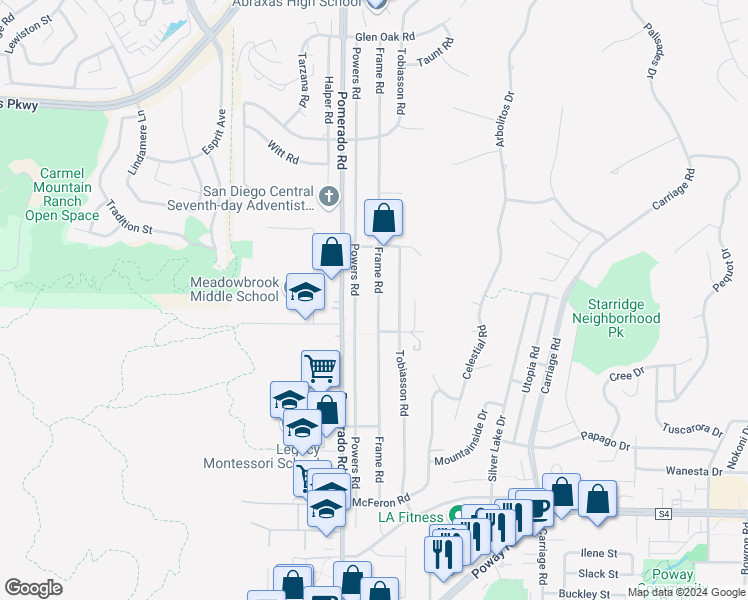 map of restaurants, bars, coffee shops, grocery stores, and more near 13758 Frame Road in Poway