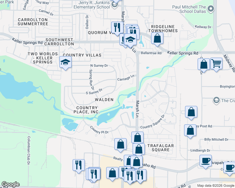 map of restaurants, bars, coffee shops, grocery stores, and more near 2799 Raintree Drive in Carrollton