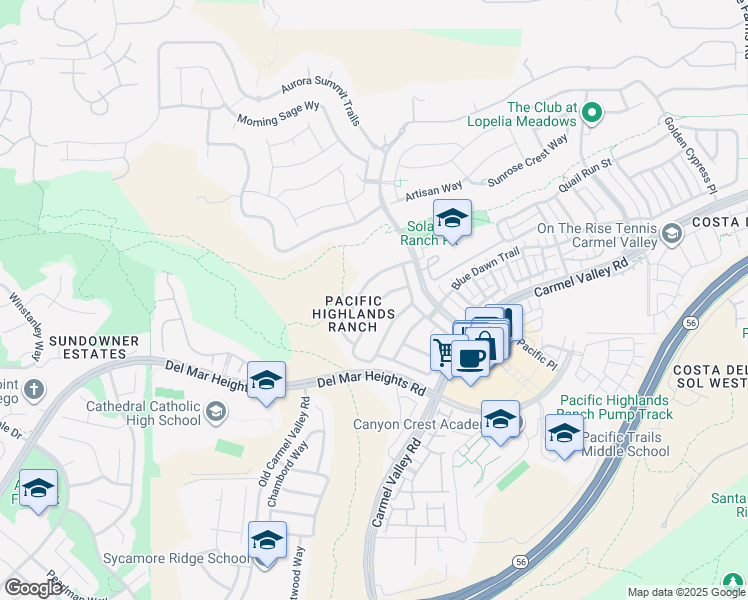 map of restaurants, bars, coffee shops, grocery stores, and more near 5842 Aster Meadows Place in San Diego