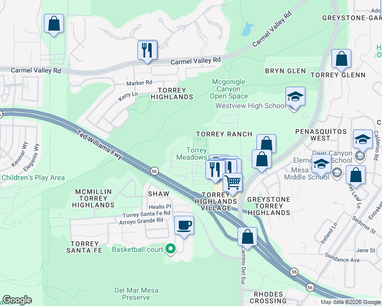 map of restaurants, bars, coffee shops, grocery stores, and more near 13369 Cooper Greens Way in San Diego