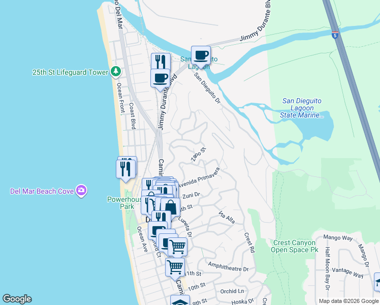 map of restaurants, bars, coffee shops, grocery stores, and more near 393 Bellaire Street in Del Mar