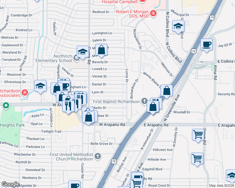 map of restaurants, bars, coffee shops, grocery stores, and more near 411 Lynn Street in Richardson