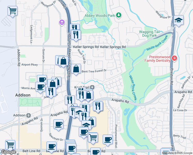 map of restaurants, bars, coffee shops, grocery stores, and more near 5330 Bent Tree Forest Drive in Dallas