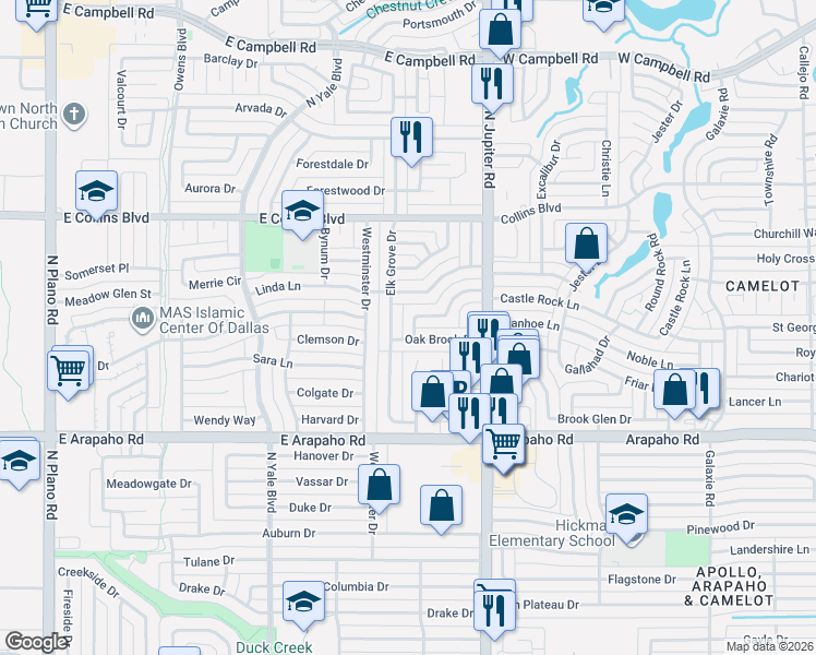 map of restaurants, bars, coffee shops, grocery stores, and more near 2101 Oak Brook Drive in Richardson