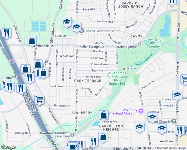 map of restaurants, bars, coffee shops, grocery stores, and more near 1025 Terrace Trail in Carrollton