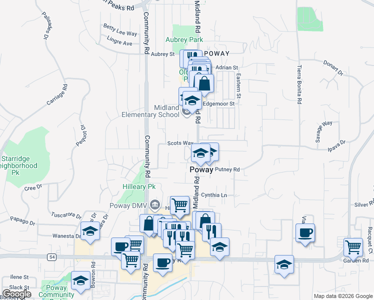 map of restaurants, bars, coffee shops, grocery stores, and more near 13815 Wayland Grove Court in Poway