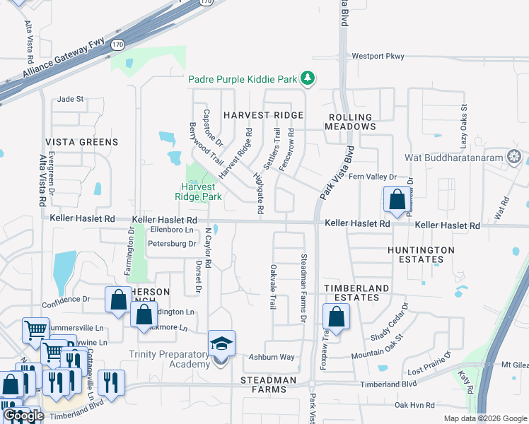 map of restaurants, bars, coffee shops, grocery stores, and more near 4341 Highgate Road in Fort Worth