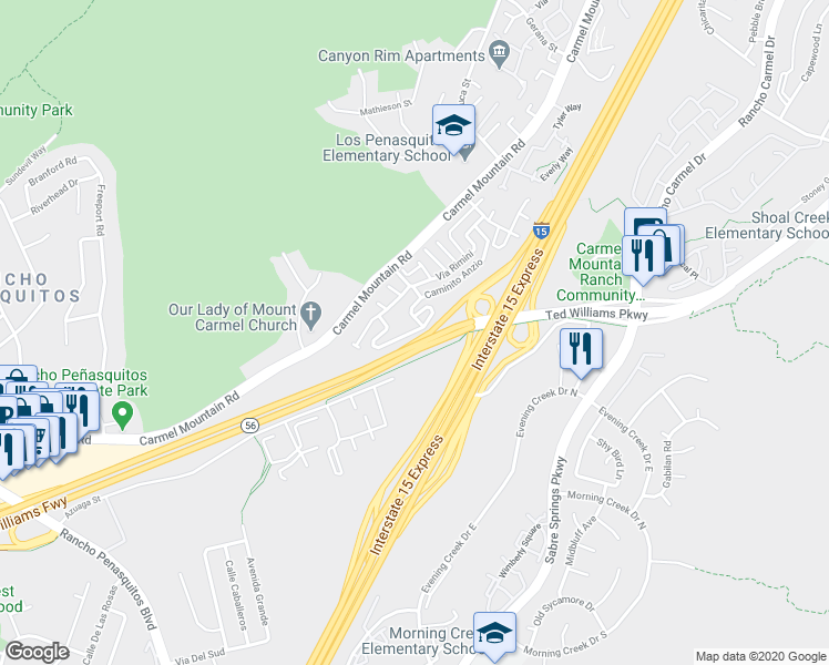 map of restaurants, bars, coffee shops, grocery stores, and more near Caminito Sulmona in San Diego