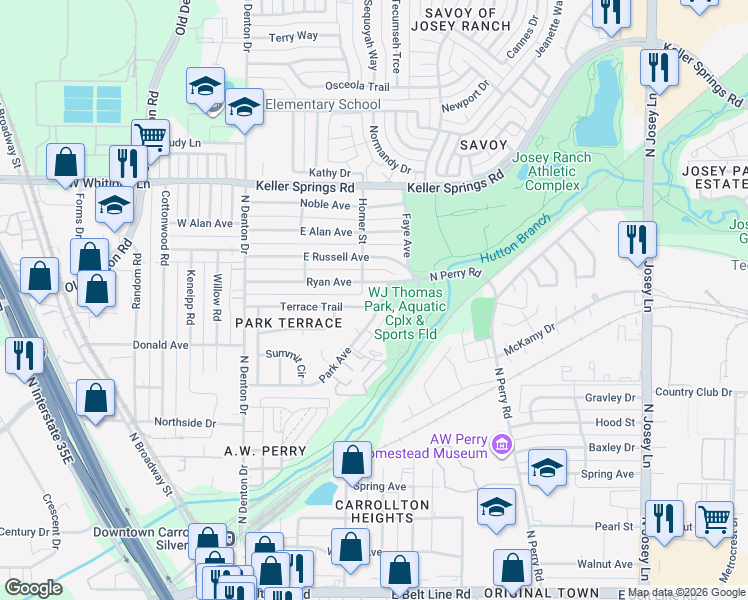 map of restaurants, bars, coffee shops, grocery stores, and more near 1115 Terrace Trail in Carrollton