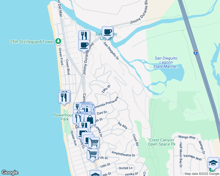 map of restaurants, bars, coffee shops, grocery stores, and more near 1859 Zapo Street in Del Mar