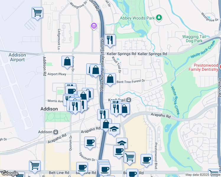 map of restaurants, bars, coffee shops, grocery stores, and more near 15850 Dallas Parkway in Dallas