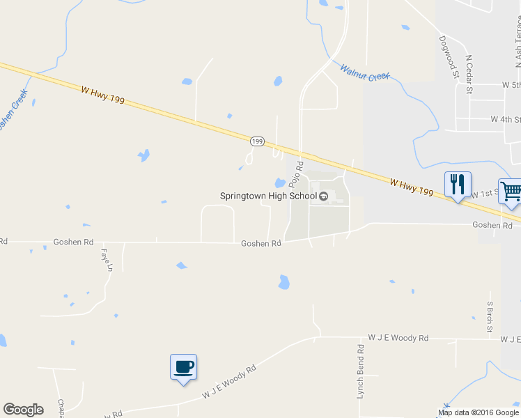 map of restaurants, bars, coffee shops, grocery stores, and more near 1300 Goshen Road in Springtown