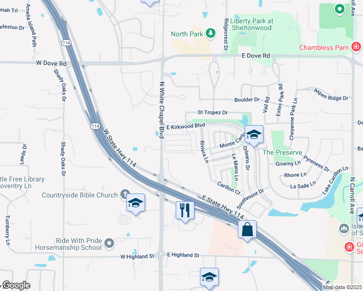 map of restaurants, bars, coffee shops, grocery stores, and more near Murano Place in Southlake