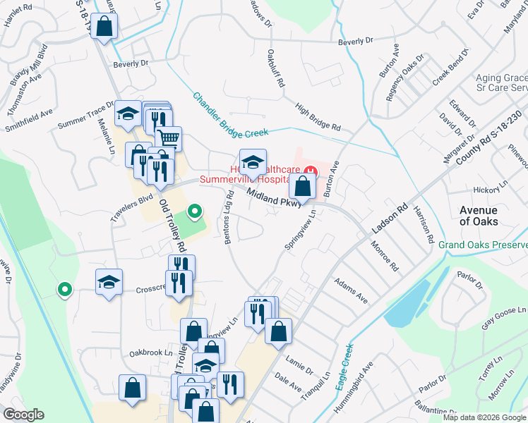 map of restaurants, bars, coffee shops, grocery stores, and more near 102 Harth Place in Summerville
