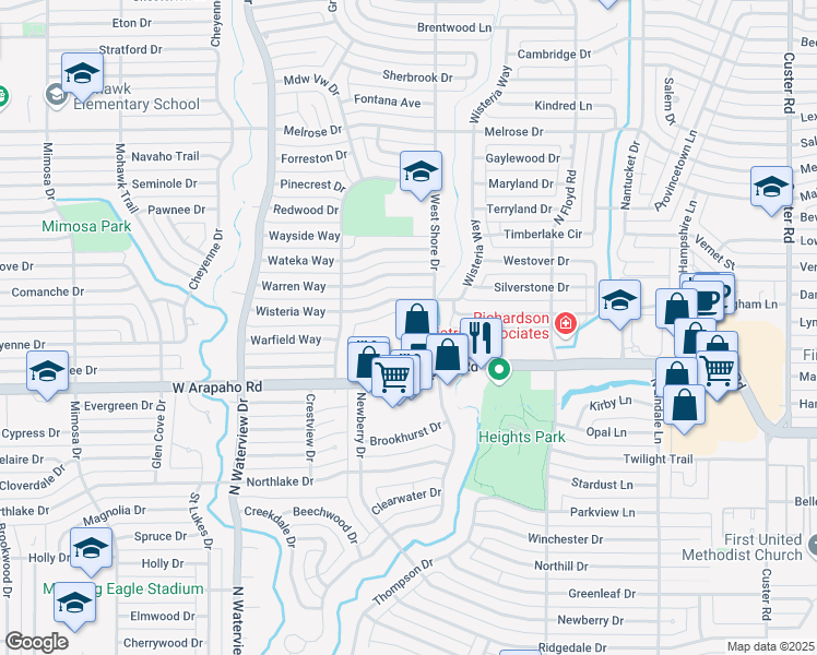 map of restaurants, bars, coffee shops, grocery stores, and more near 1111 West Shore Drive in Richardson