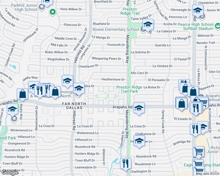 map of restaurants, bars, coffee shops, grocery stores, and more near 15711 Covewood Circle in Dallas