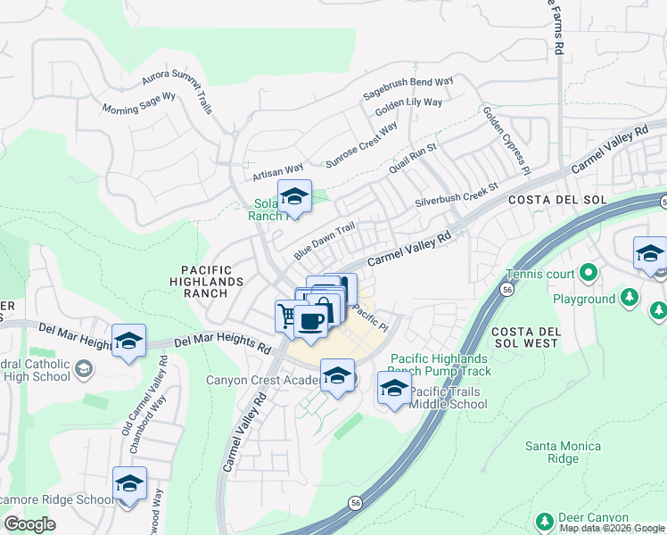 map of restaurants, bars, coffee shops, grocery stores, and more near 6073 Roselle Meadows Trail in San Diego