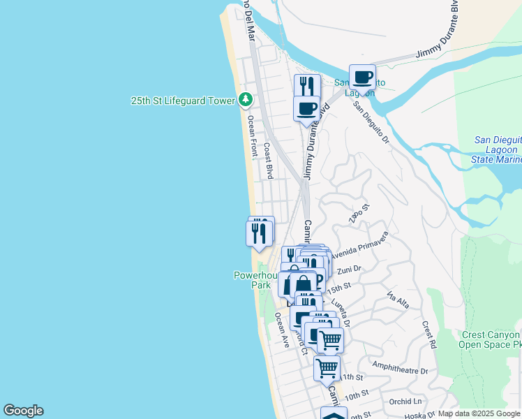 map of restaurants, bars, coffee shops, grocery stores, and more near 1836 Ocean Front in Del Mar