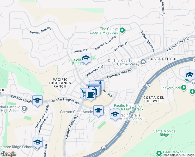 map of restaurants, bars, coffee shops, grocery stores, and more near 6073 Roselle Meadows Trail in San Diego