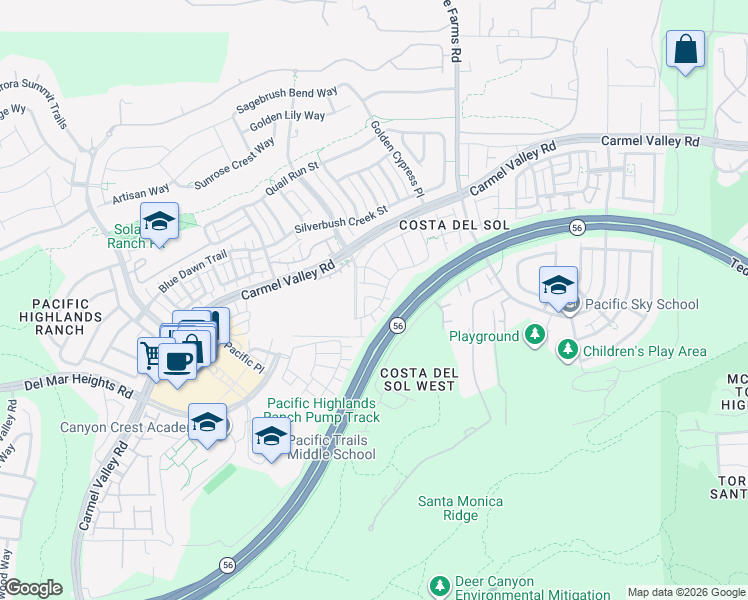 map of restaurants, bars, coffee shops, grocery stores, and more near 13345 Camelia Way in San Diego
