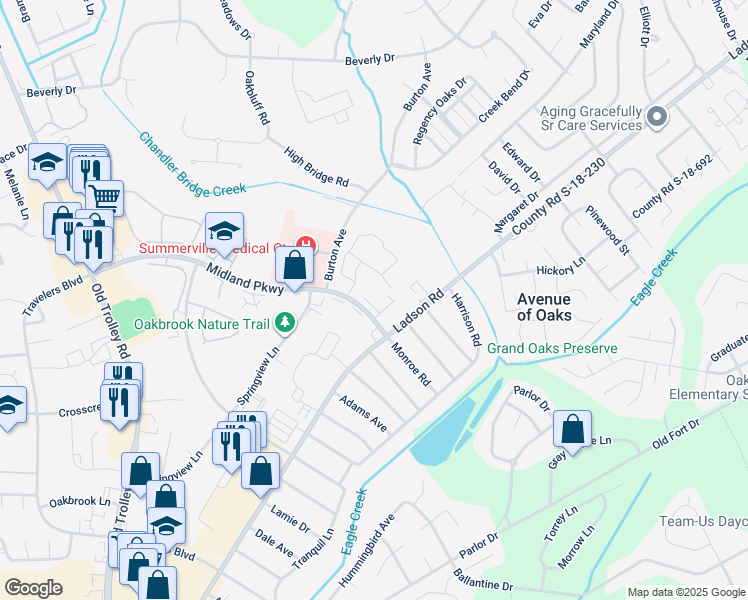map of restaurants, bars, coffee shops, grocery stores, and more near 4278 Ladson Road in Summerville