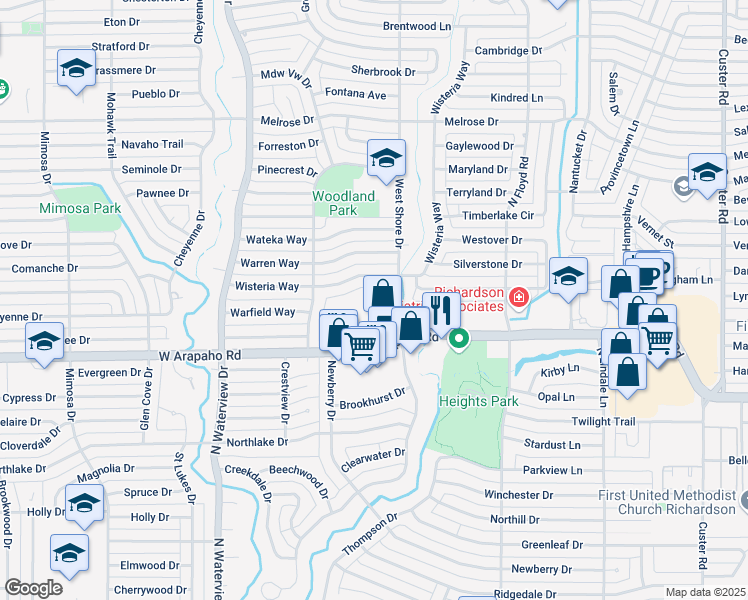 map of restaurants, bars, coffee shops, grocery stores, and more near 1111 West Shore Drive in Richardson