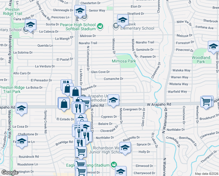 map of restaurants, bars, coffee shops, grocery stores, and more near 1308 Cheyenne Drive in Richardson