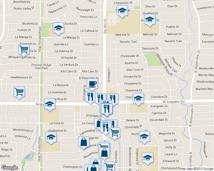 map of restaurants, bars, coffee shops, grocery stores, and more near 1429 Chippewa Drive in Richardson