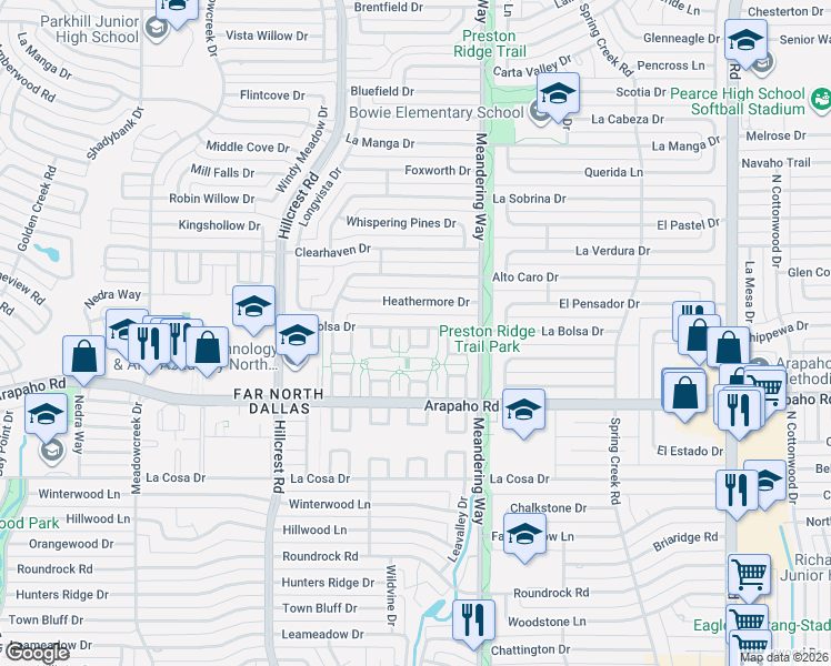 map of restaurants, bars, coffee shops, grocery stores, and more near 15711 Covewood Circle in Dallas